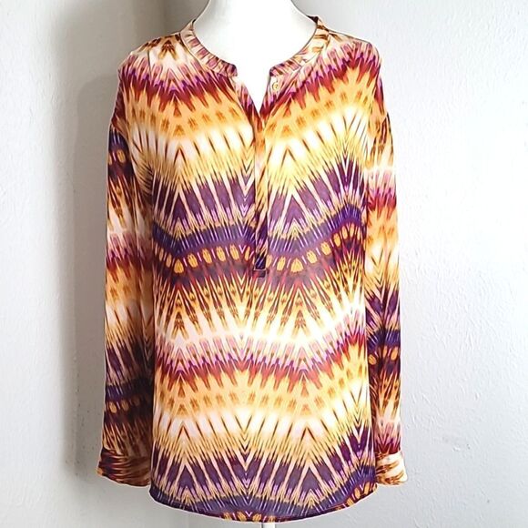 a.n.a. Colorful Sheer Longsleeve Blouse, Orange & Purple Designs, Size 1X - Picture 1 of 9